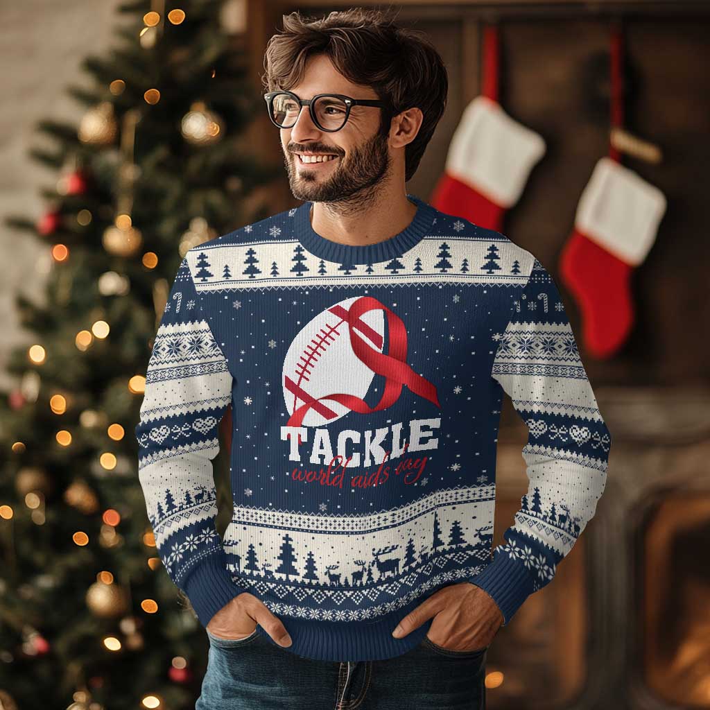 Tackle World AIDS Day Ugly Christmas Sweater Red Ribbon Football Awareness Gift TS12 Navy Beige Print Your Wear