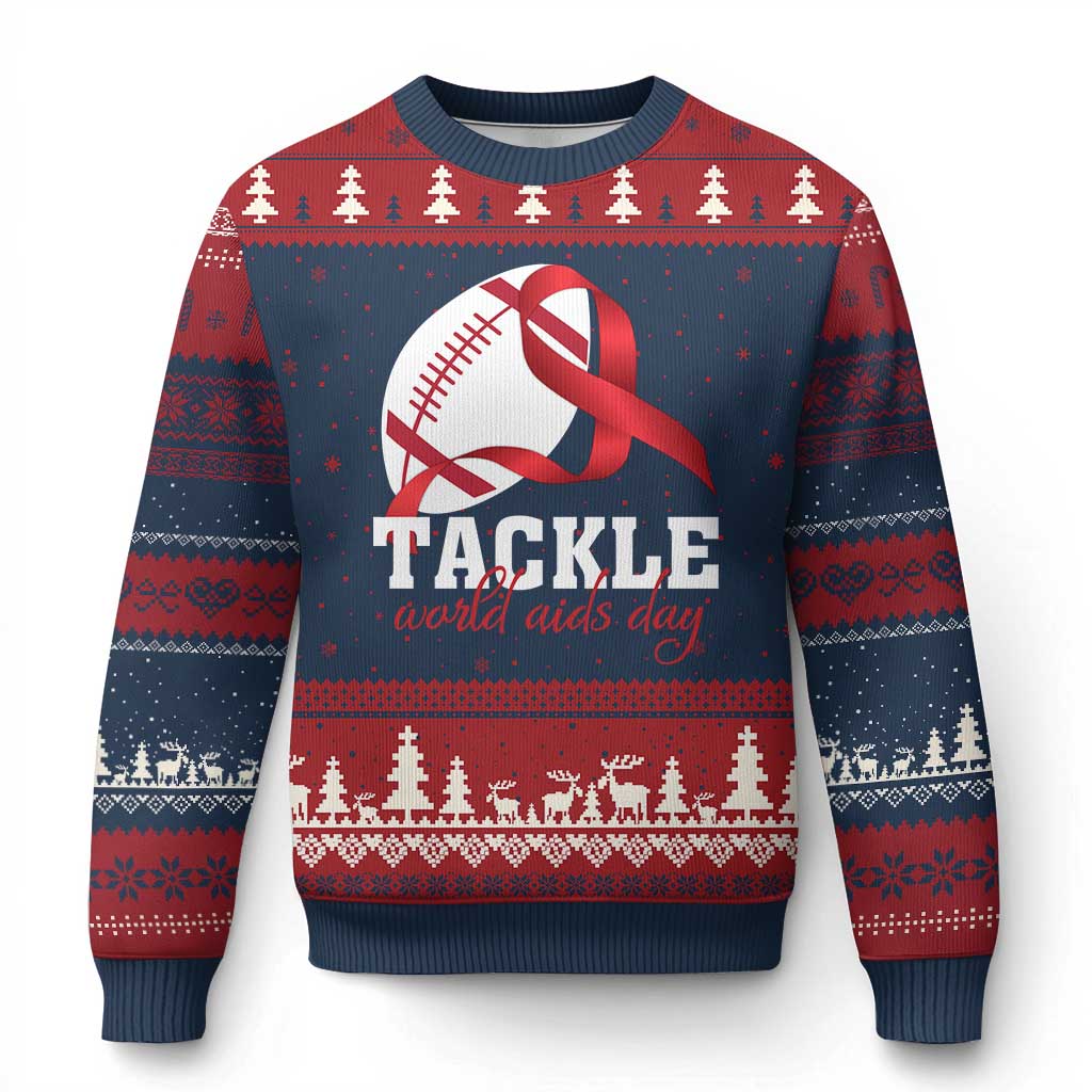 Tackle World AIDS Day Ugly Christmas Sweater Red Ribbon Football Awareness Gift TS12 Navy Red Print Your Wear