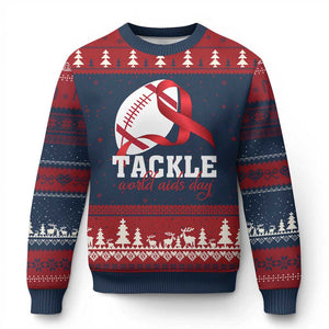 Tackle World AIDS Day Ugly Christmas Sweater Red Ribbon Football Awareness Gift TS12 Navy Red Print Your Wear