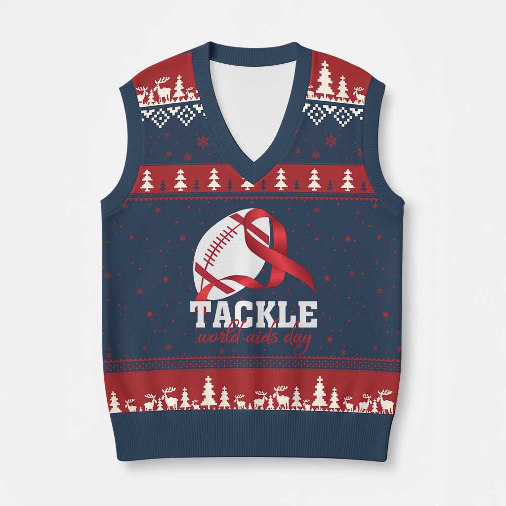 Tackle World AIDS Day V-Neck Knit Sweater Vest Red Ribbon Football Awareness Gift TS12 Navy Red Print Your Wear