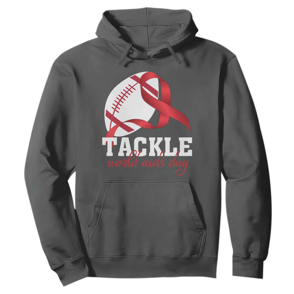 Tackle World AIDS Day Hoodie Red Ribbon Football Awareness Gift TS12 Dark Heather Print Your Wear