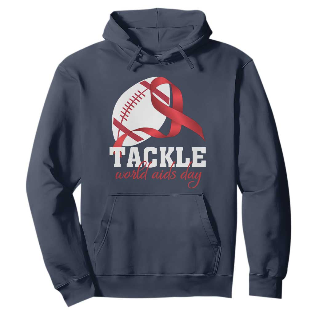 Tackle World AIDS Day Hoodie Red Ribbon Football Awareness Gift TS12 Navy Print Your Wear