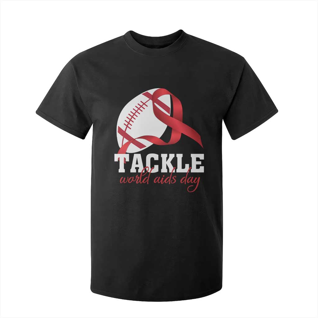 Tackle World AIDS Day T Shirt For Kid Red Ribbon Football Awareness Gift TS12 Black Print Your Wear
