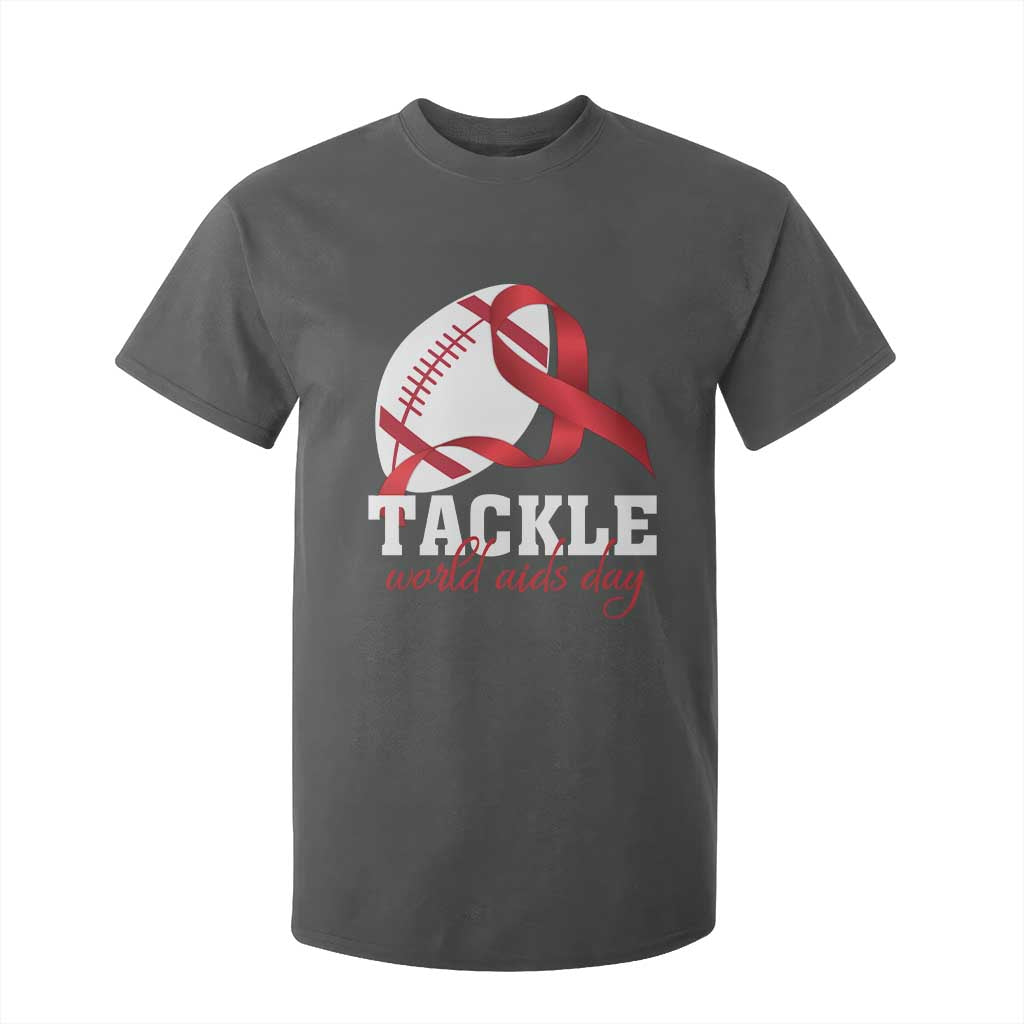 Tackle World AIDS Day T Shirt For Kid Red Ribbon Football Awareness Gift TS12 Dark Heather Print Your Wear