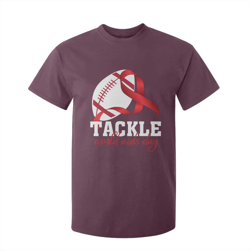 Tackle World AIDS Day T Shirt For Kid Red Ribbon Football Awareness Gift TS12 Maroon Print Your Wear