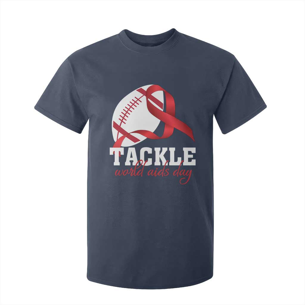 Tackle World AIDS Day T Shirt For Kid Red Ribbon Football Awareness Gift TS12 Navy Print Your Wear