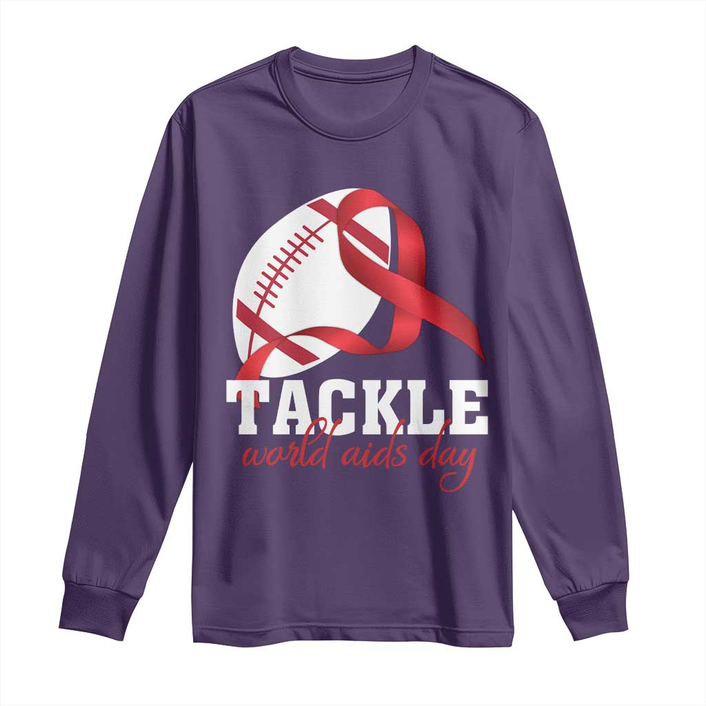 Tackle World AIDS Day Long Sleeve Shirt Red Ribbon Football Awareness Gift TS12 Purple Print Your Wear