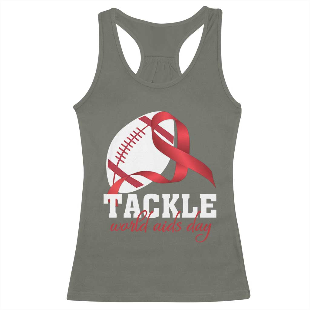 Tackle World AIDS Day Racerback Tank Top Red Ribbon Football Awareness Gift - Print Your Wear