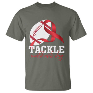 Tackle World AIDS Day T Shirt Red Ribbon Football Awareness Gift TS12 Military Green Print Your Wear