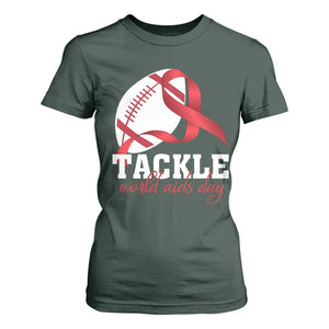 Tackle World AIDS Day T Shirt For Women Red Ribbon Football Awareness Gift TS12 Dark Forest Green Print Your Wear