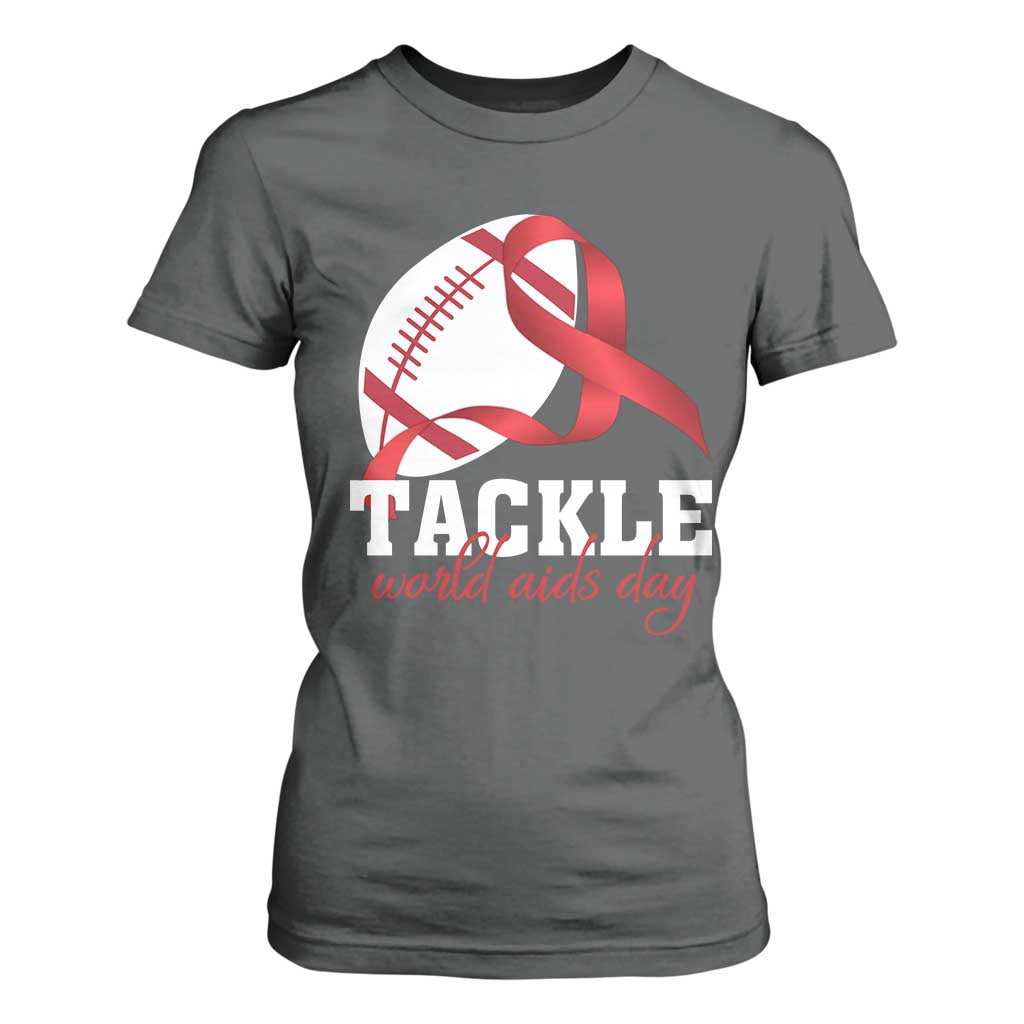 Tackle World AIDS Day T Shirt For Women Red Ribbon Football Awareness Gift TS12 Dark Heather Print Your Wear