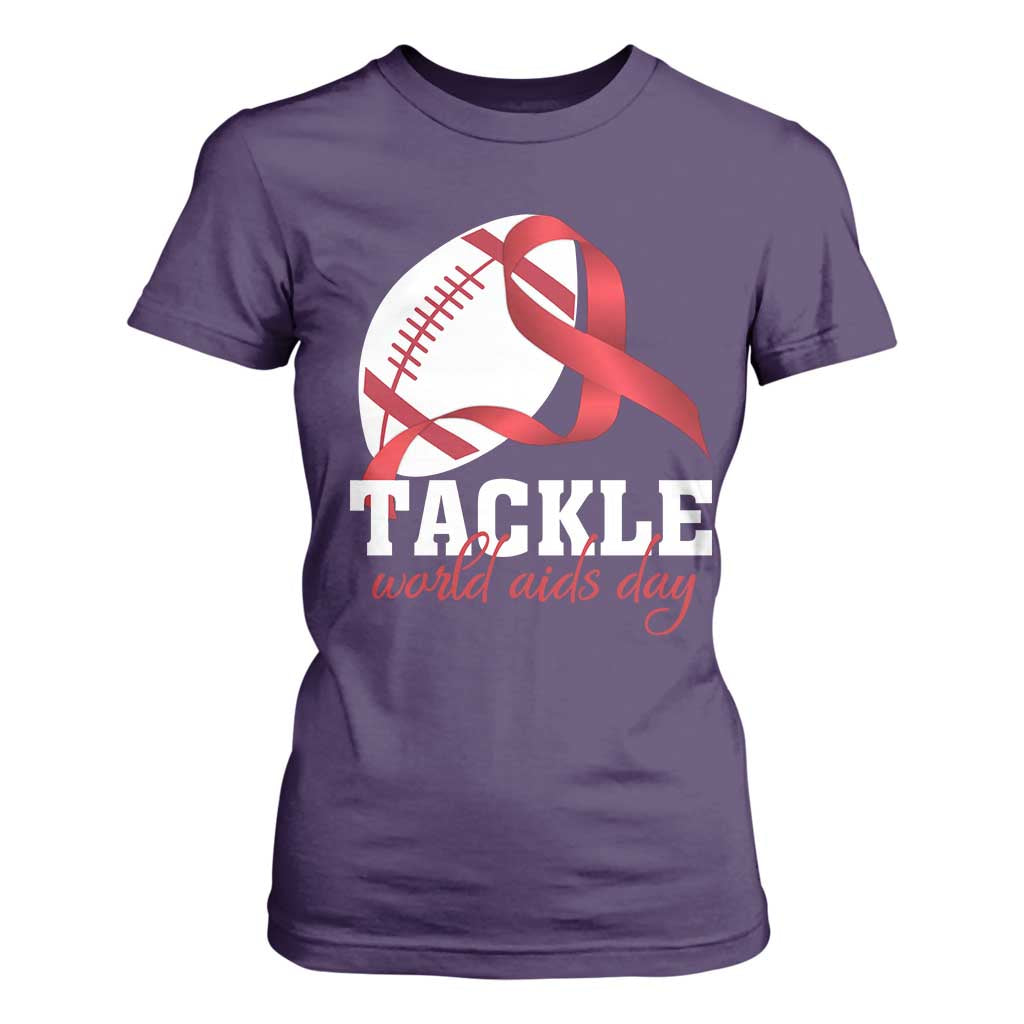 Tackle World AIDS Day T Shirt For Women Red Ribbon Football Awareness Gift TS12 Purple Print Your Wear