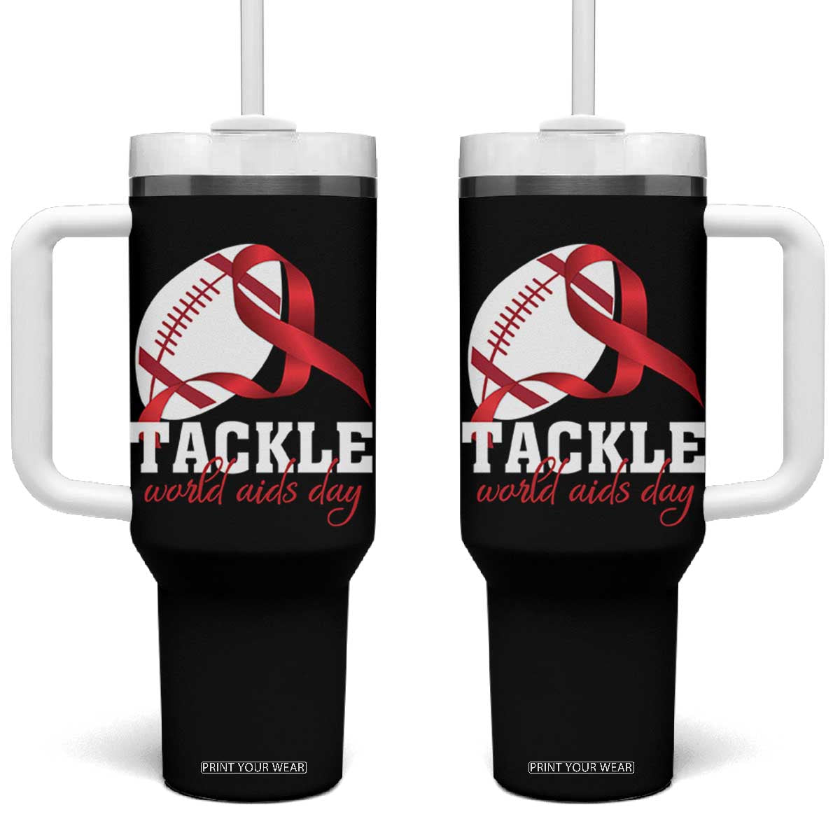 Tackle World AIDS Day Tumbler With Handle Red Ribbon Football Awareness Gift TS12 One Size: 40 oz Black Print Your Wear