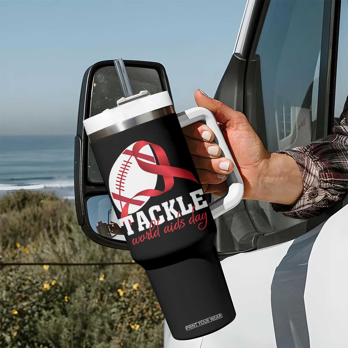 Tackle World AIDS Day Tumbler With Handle Red Ribbon Football Awareness Gift TS12 Print Your Wear