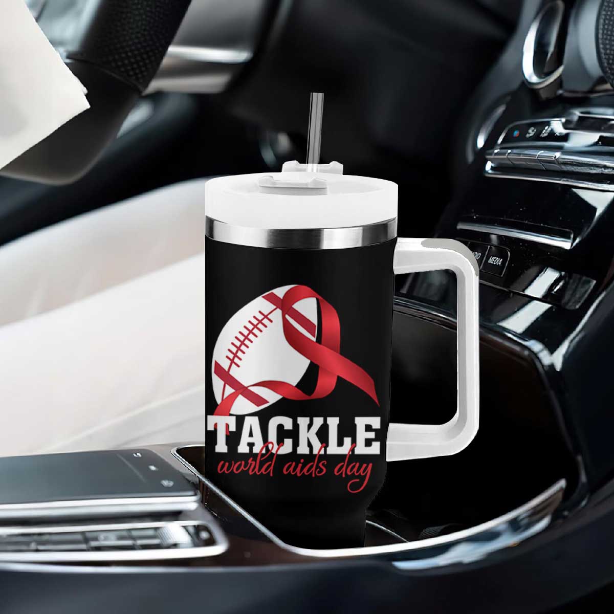 Tackle World AIDS Day Tumbler With Handle Red Ribbon Football Awareness Gift TS12 Print Your Wear