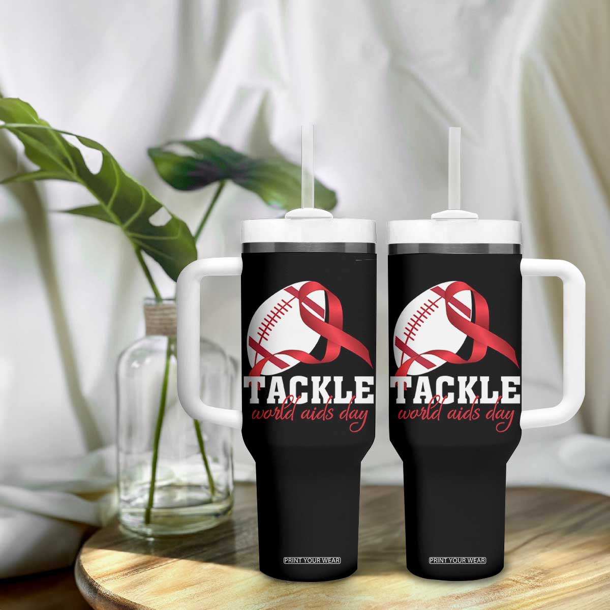 Tackle World AIDS Day Tumbler With Handle Red Ribbon Football Awareness Gift TS12 Print Your Wear