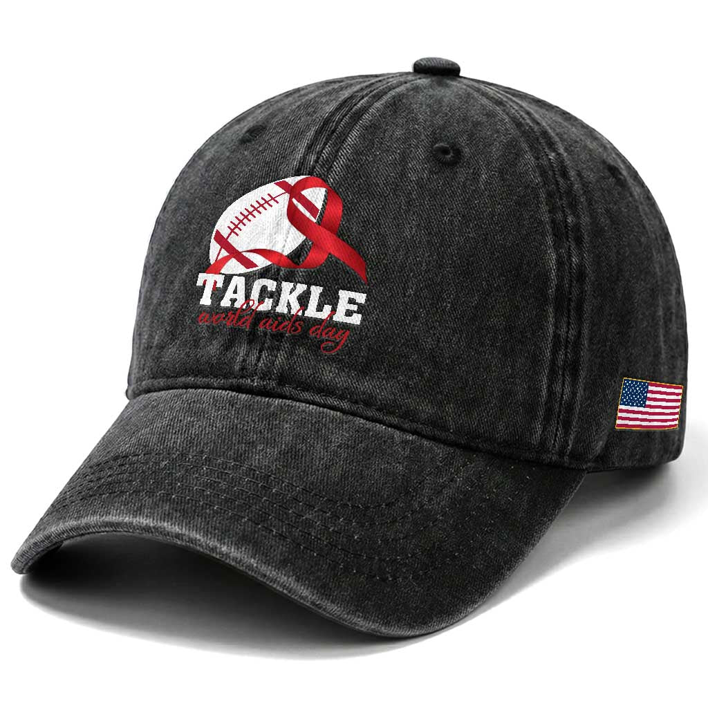Tackle World AIDS Day Washed Cotton Baseball Cap Red Ribbon Football Awareness Gift TS12 Print Your Wear