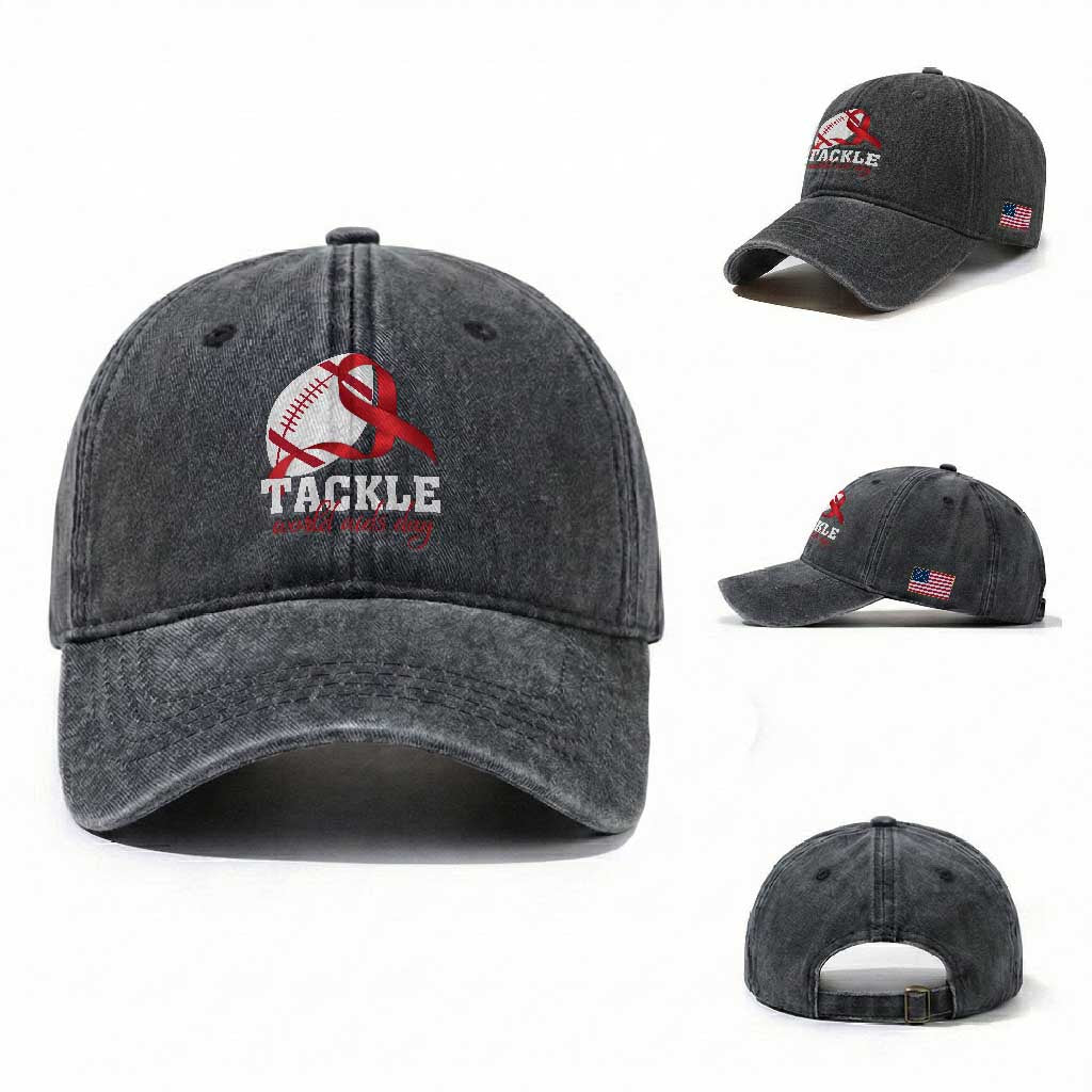 Tackle World AIDS Day Washed Cotton Baseball Cap Red Ribbon Football Awareness Gift TS12 Washed Cap Universal Fit Dark Gray Print Your Wear