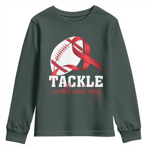 Tackle World AIDS Day Youth Sweatshirt Red Ribbon Football Awareness Gift TS12 Dark Forest Green Print Your Wear