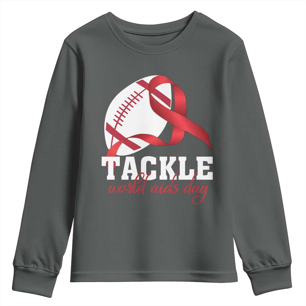 Tackle World AIDS Day Youth Sweatshirt Red Ribbon Football Awareness Gift TS12 Dark Heather Print Your Wear