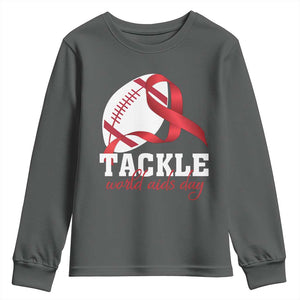 Tackle World AIDS Day Youth Sweatshirt Red Ribbon Football Awareness Gift TS12 Dark Heather Print Your Wear