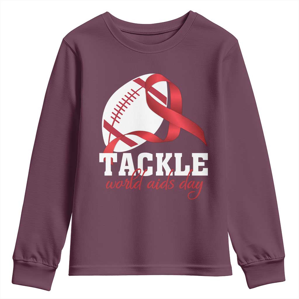 Tackle World AIDS Day Youth Sweatshirt Red Ribbon Football Awareness Gift TS12 Maroon Print Your Wear