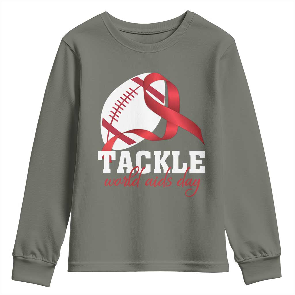 Tackle World AIDS Day Youth Sweatshirt Red Ribbon Football Awareness Gift TS12 Military Green Print Your Wear