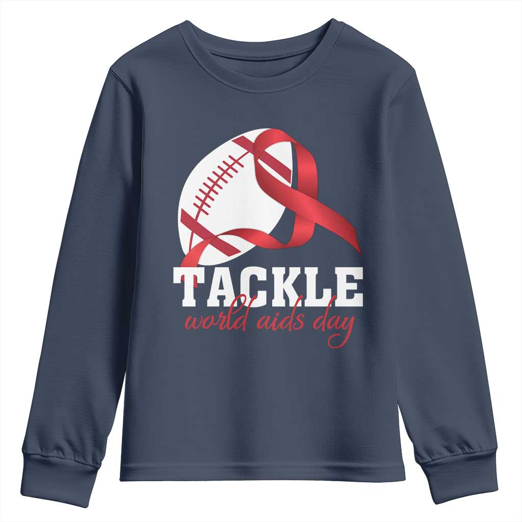 Tackle World AIDS Day Youth Sweatshirt Red Ribbon Football Awareness Gift TS12 Navy Print Your Wear