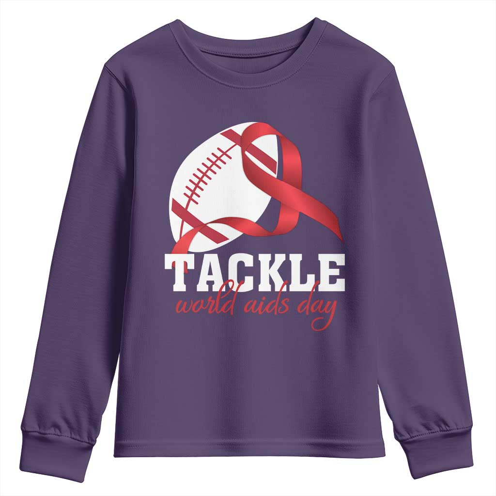 Tackle World AIDS Day Youth Sweatshirt Red Ribbon Football Awareness Gift TS12 Purple Print Your Wear