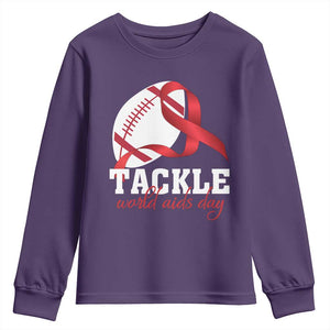 Tackle World AIDS Day Youth Sweatshirt Red Ribbon Football Awareness Gift TS12 Purple Print Your Wear
