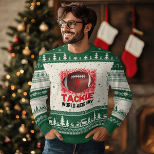 Tackle World AIDS Day Ugly Christmas Sweater Football HIV Awareness Red Ribbon TS12 Beige Green Print Your Wear