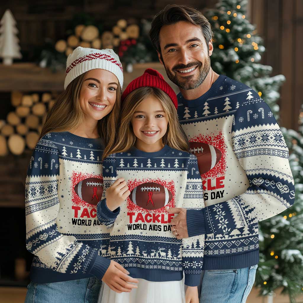 Tackle World AIDS Day Ugly Christmas Sweater Football HIV Awareness Red Ribbon TS12 Beige Navy Print Your Wear