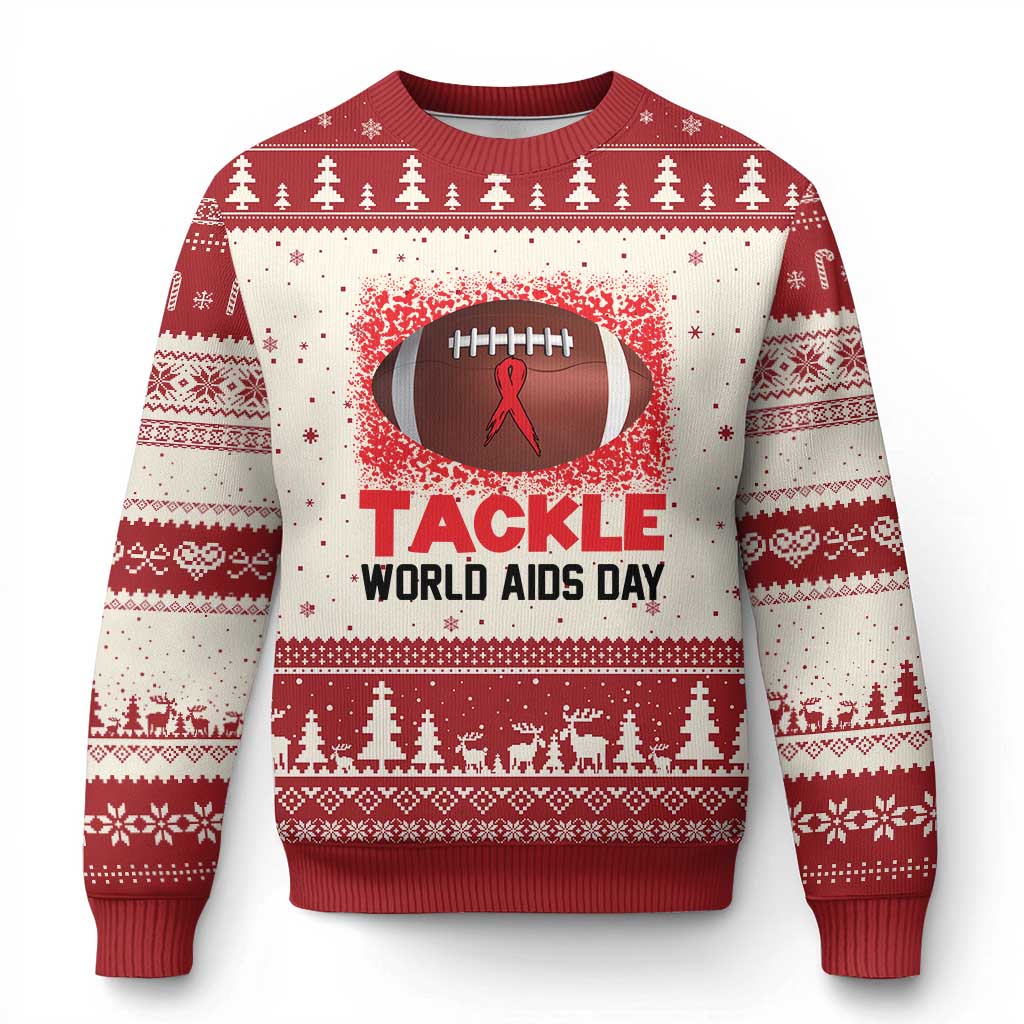Tackle World AIDS Day Ugly Christmas Sweater Football HIV Awareness Red Ribbon TS12 Beige Red Print Your Wear