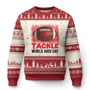 Tackle World AIDS Day Ugly Christmas Sweater Football HIV Awareness Red Ribbon TS12 Beige Red Print Your Wear