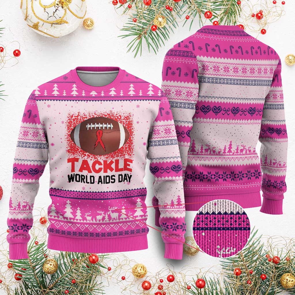 Tackle World AIDS Day Ugly Christmas Sweater Football HIV Awareness Red Ribbon TS12 Hot Pink Print Your Wear