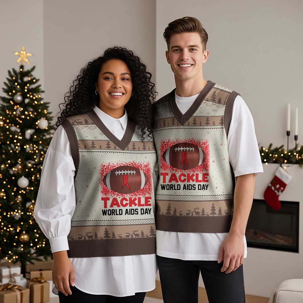 Tackle World AIDS Day V-Neck Knit Sweater Vest Football HIV Awareness Red Ribbon TS12 Mocha Mousse Print Your Wear