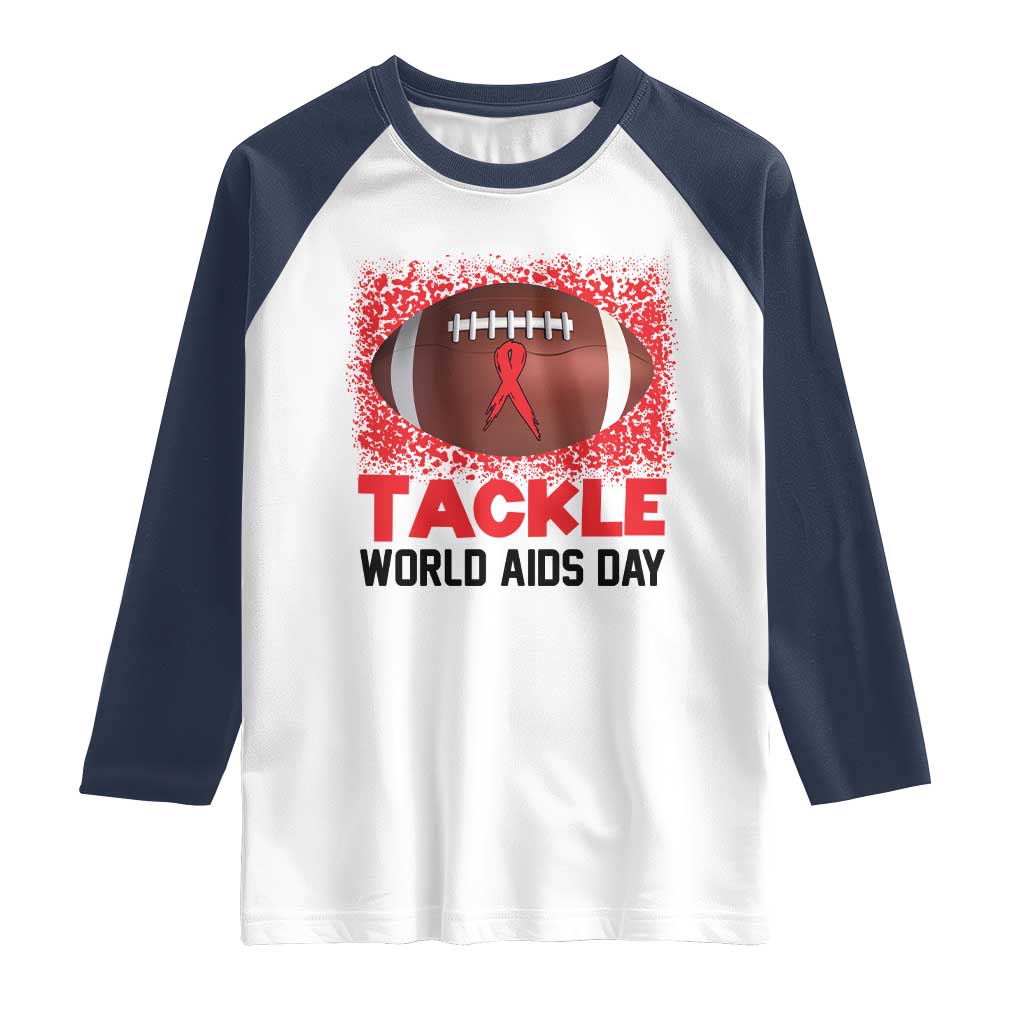 Tackle World AIDS Day Raglan Shirt Football HIV Awareness Red Ribbon TS12 White Navy Print Your Wear