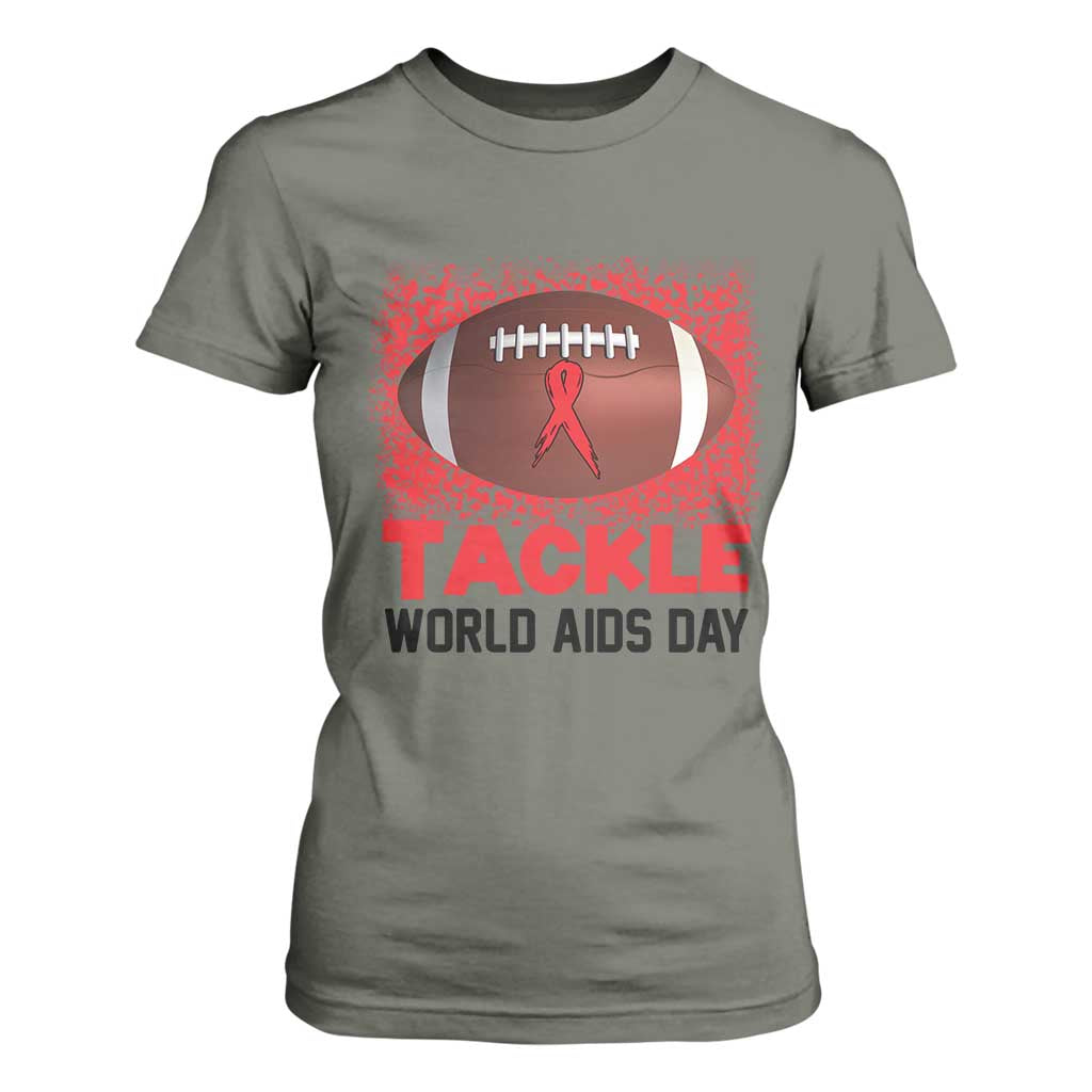 Tackle World AIDS Day T Shirt For Women Football HIV Awareness Red Ribbon TS12 Military Green Print Your Wear