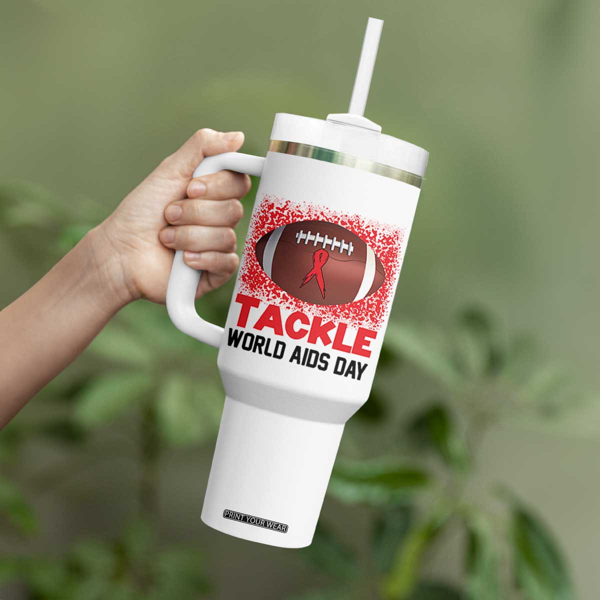 Tackle World AIDS Day Tumbler With Handle Football HIV Awareness Red Ribbon TS12 Print Your Wear