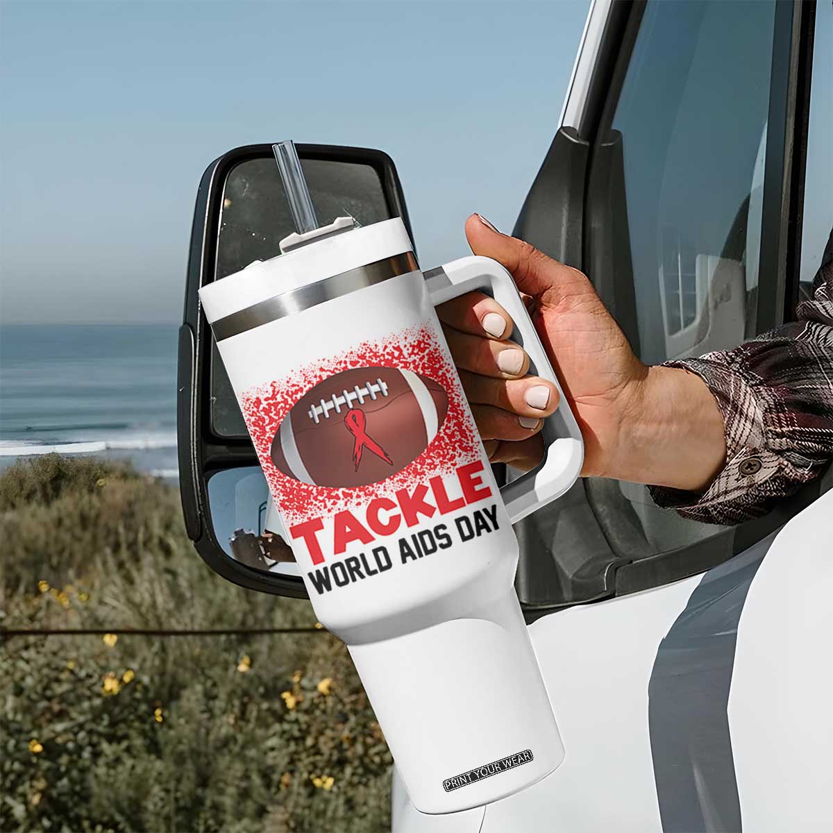 Tackle World AIDS Day Tumbler With Handle Football HIV Awareness Red Ribbon TS12 Print Your Wear