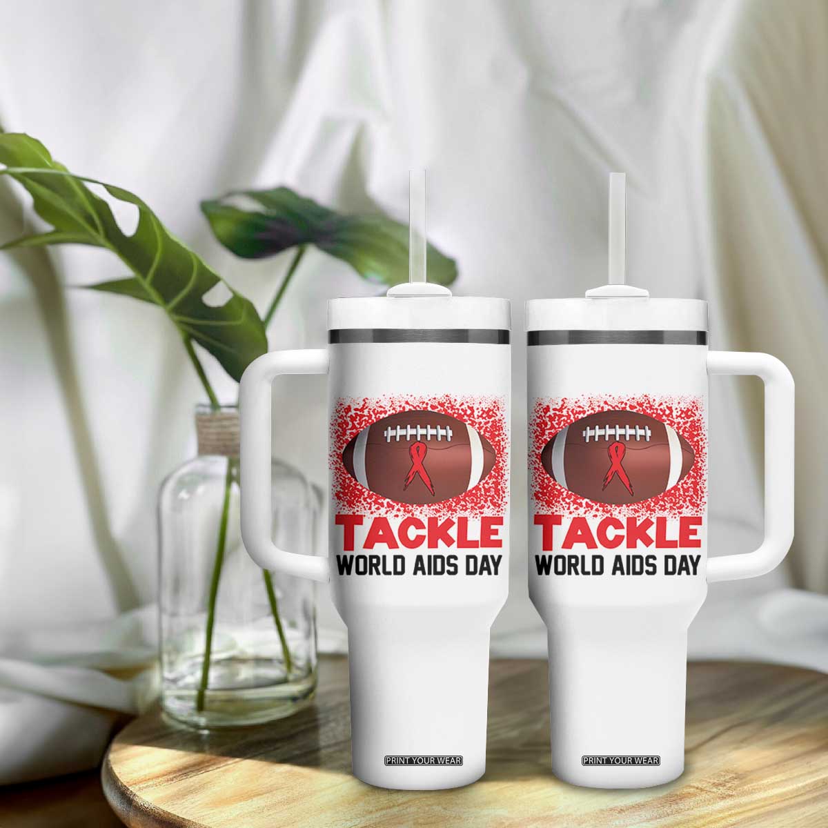 Tackle World AIDS Day Tumbler With Handle Football HIV Awareness Red Ribbon TS12 Print Your Wear