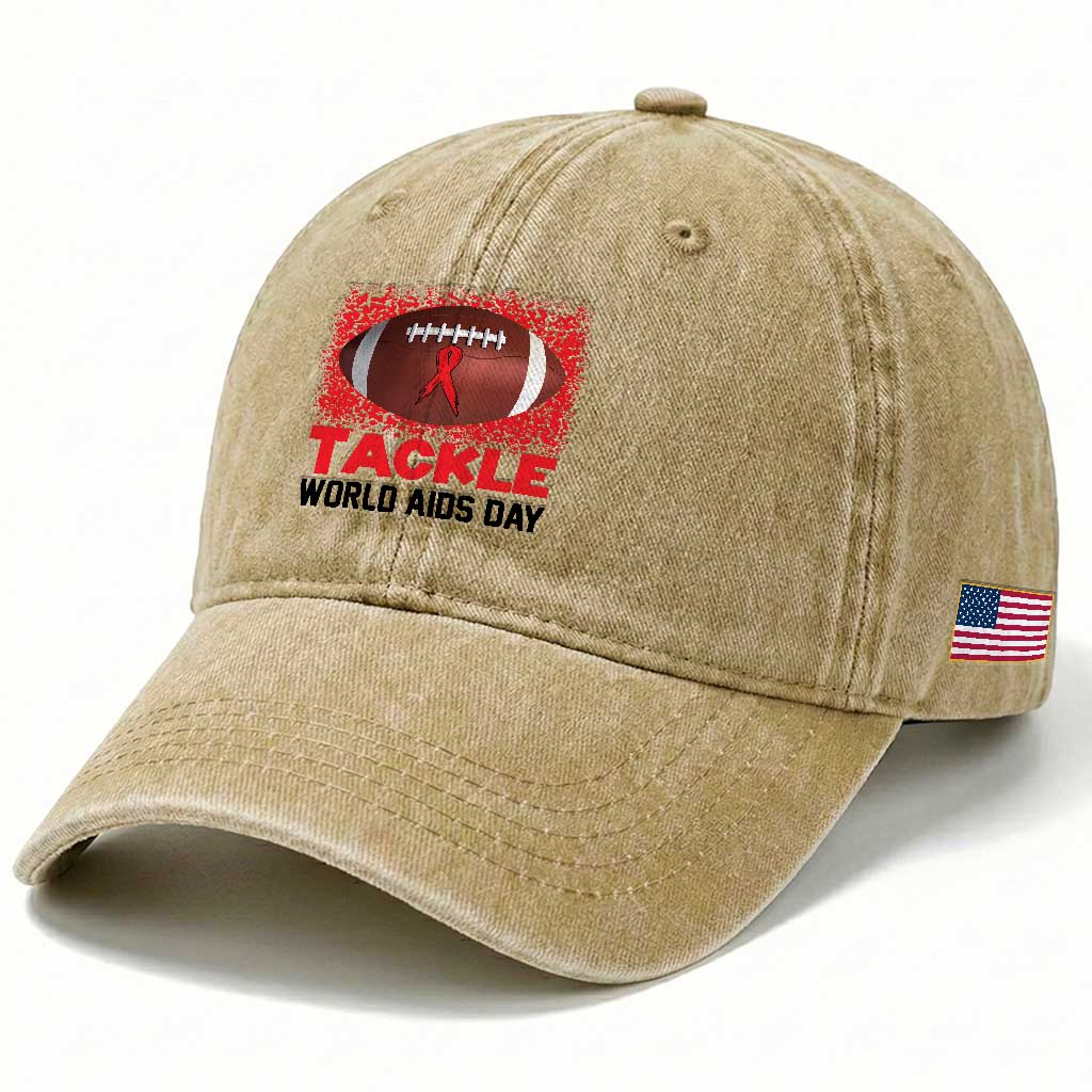 Tackle World AIDS Day Washed Cotton Baseball Cap Football HIV Awareness Red Ribbon TS12 Print Your Wear