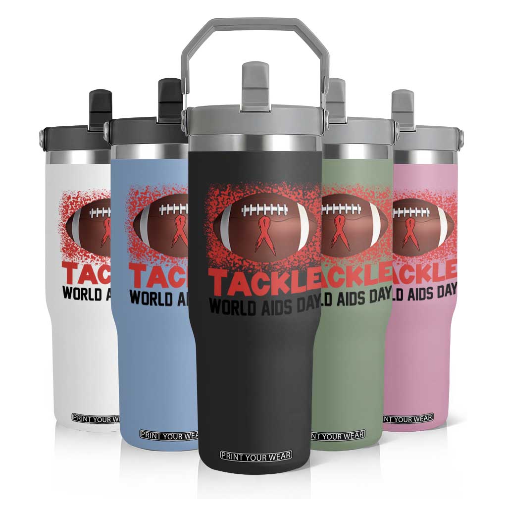 Tackle World AIDS Day Flip Straw Tumbler Football HIV Awareness Red Ribbon TS12 Print Your Wear