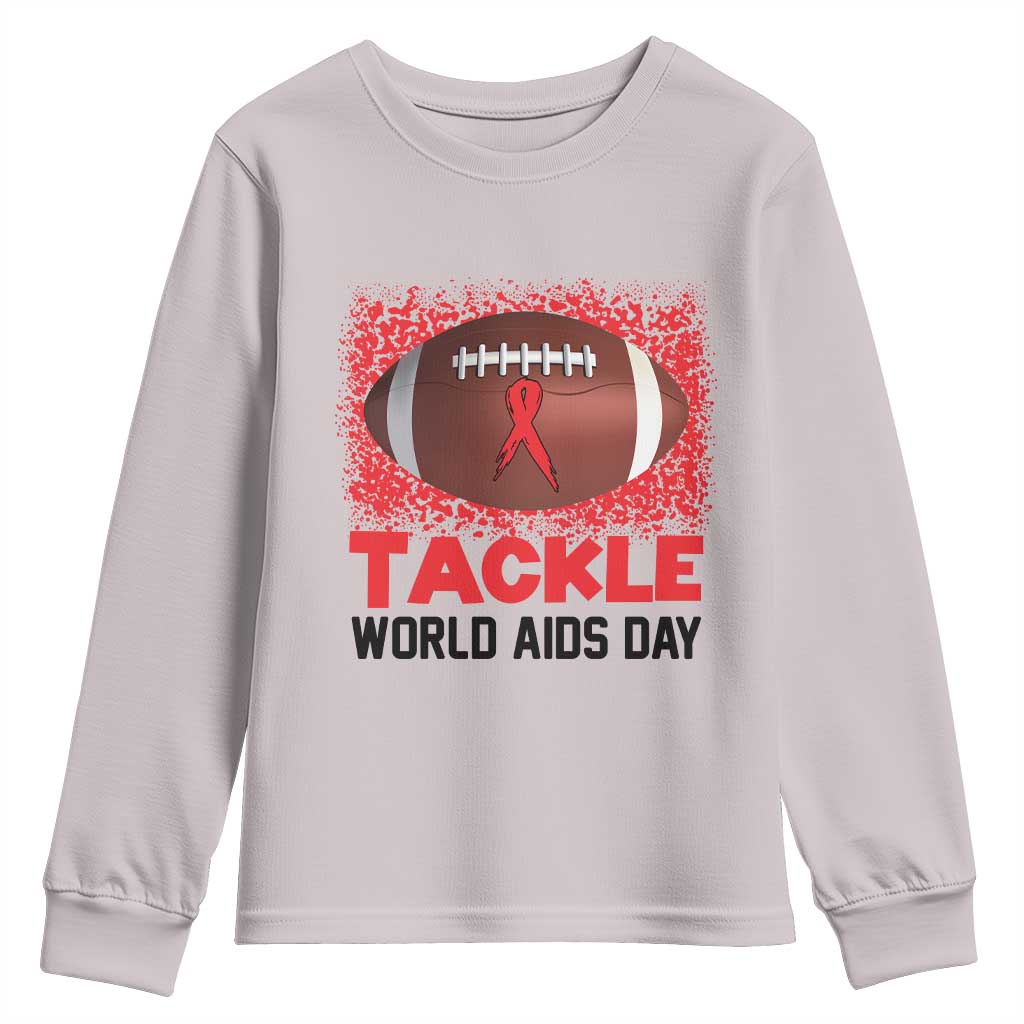 Tackle World AIDS Day Youth Sweatshirt Football HIV Awareness Red Ribbon TS12 Ice Gray Print Your Wear