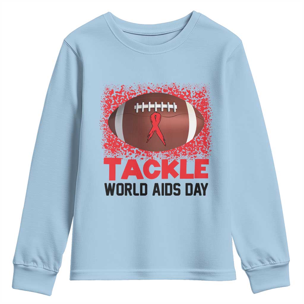 Tackle World AIDS Day Youth Sweatshirt Football HIV Awareness Red Ribbon TS12 Light Blue Print Your Wear