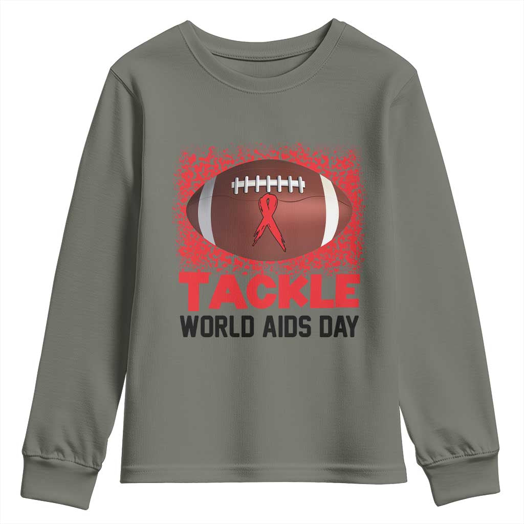 Tackle World AIDS Day Youth Sweatshirt Football HIV Awareness Red Ribbon TS12 Military Green Print Your Wear