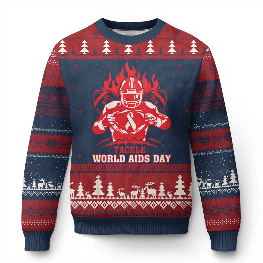 AIDS Awareness Ugly Christmas Sweater Ribbon HIV Tackle Football Gift TS12 Navy Red Print Your Wear