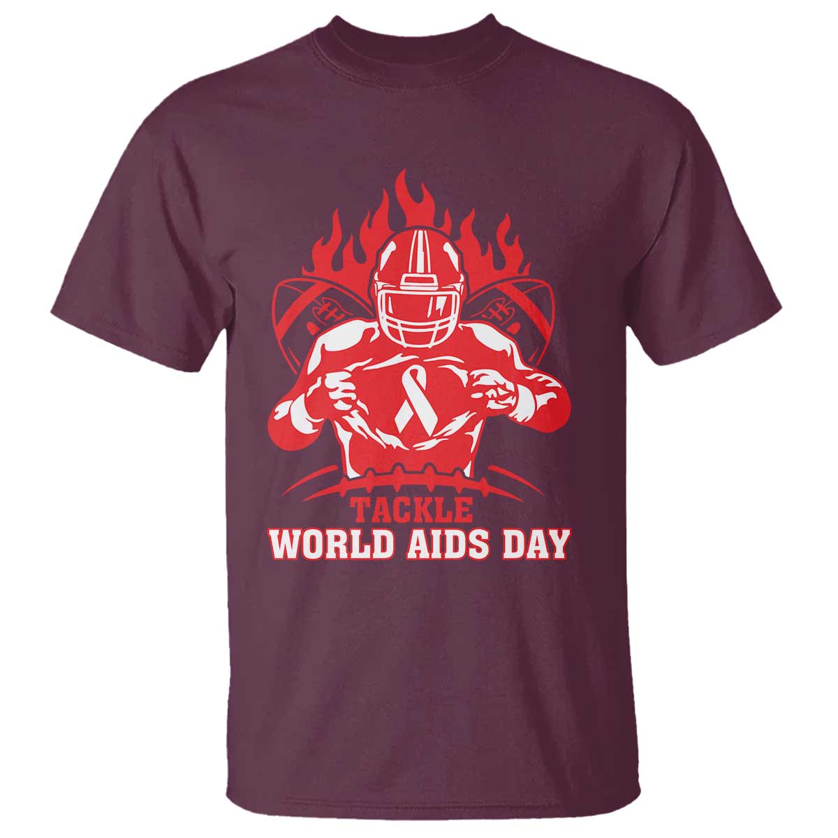AIDS Awareness T Shirt Ribbon HIV Tackle Football Gift TS12 Maroon Print Your Wear