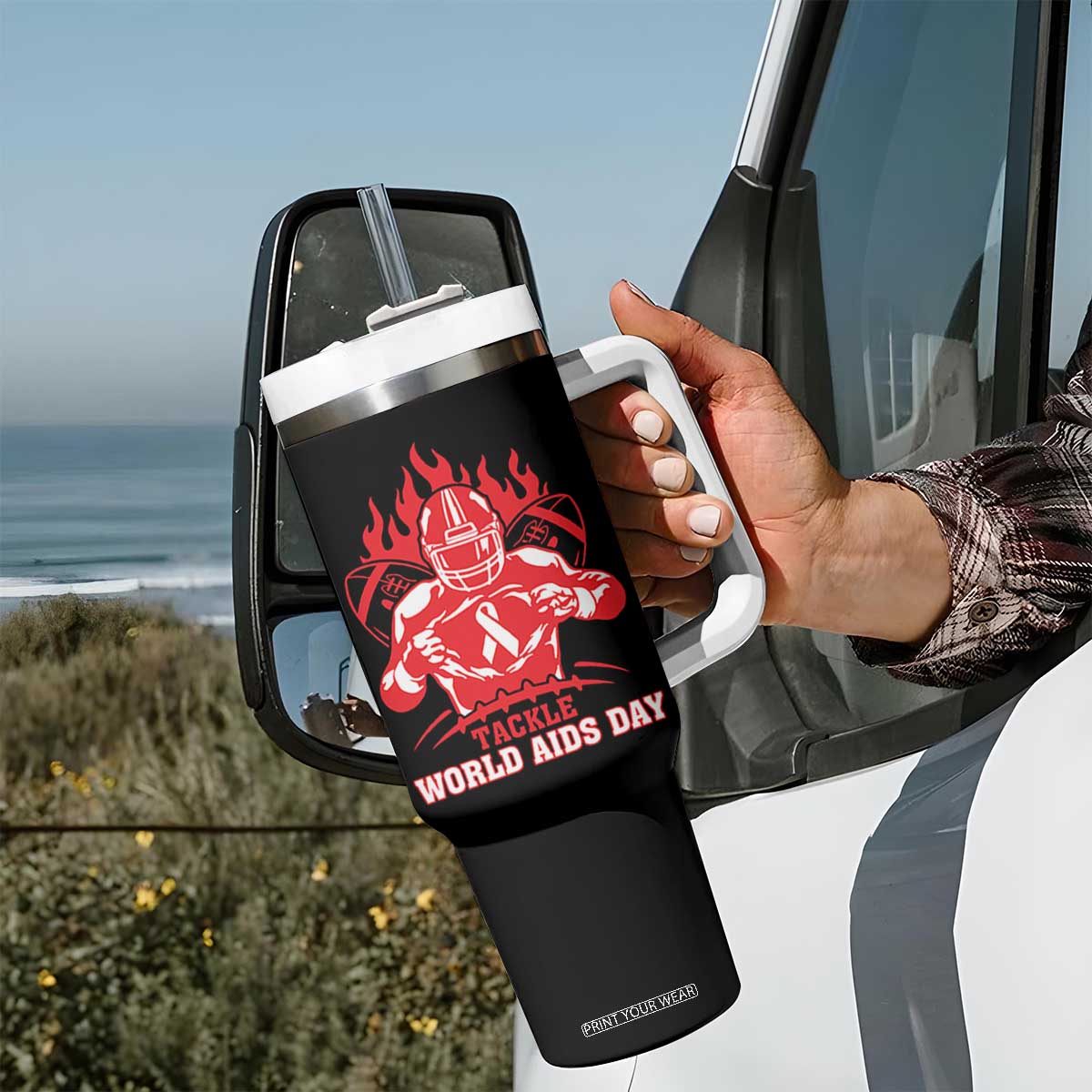 AIDS Awareness Tumbler With Handle Ribbon HIV Tackle Football Gift TS12 Print Your Wear
