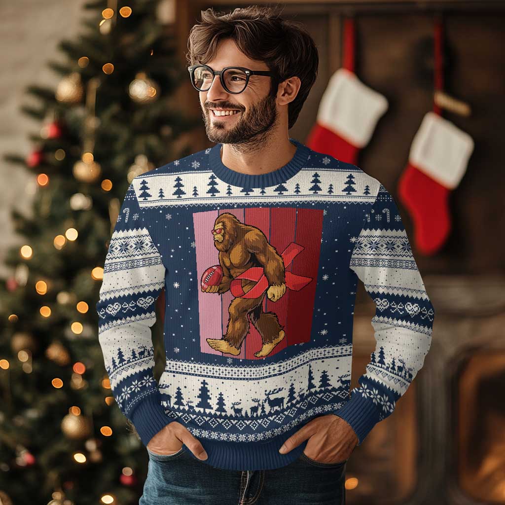 Funny Bigfoot Football HIV Awareness Ugly Christmas Sweater Red Ribbon Retro Vintage Style Gift TS12 Navy Beige Print Your Wear